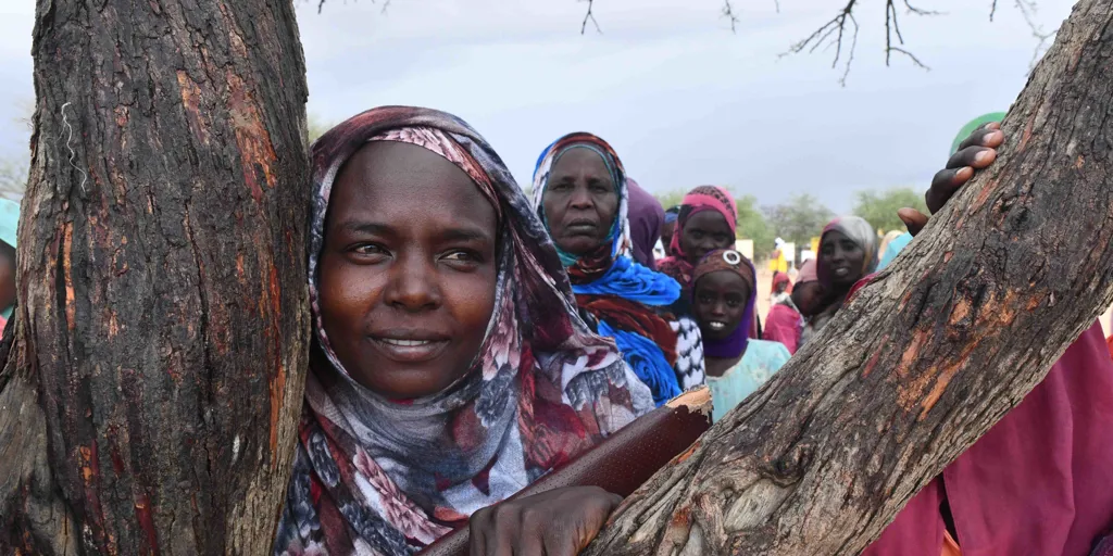 Girl leans against a tree at Milé refugee camp in Chad.